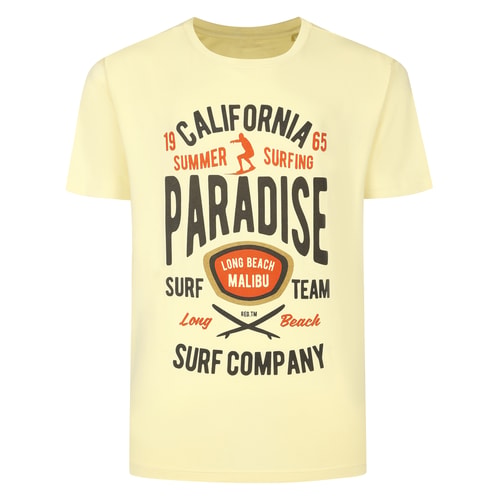 Pale yellow crew neck T-shirt with large Paradise front print.